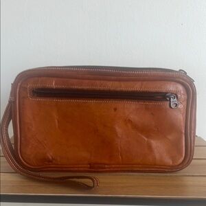 Brown Leather Toiletry Bag with Wrist Strap and Zipper